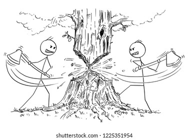 Cartoon stick drawing conceptual illustration of two lumberjacks with ax or axe who are rejecting cooperation and cutting down tree from opposite sides instead. Business concept of competition and