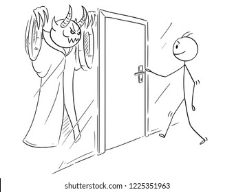 Cartoon stick drawing conceptual illustration of man who is ready to open door, but there is evil, demon or monster hidden and waiting behind the door.