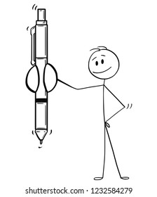 Cartoon stick drawing conceptual illustration of man or businessman offering a ballpoint pen to sign a contract or fill out some document.