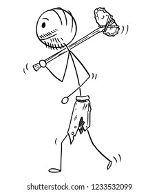 Cartoon stick drawing conceptual illustration of prehistoric man or caveman walking with stone axe or ax.