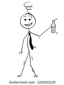 Cartoon stick drawing conceptual illustration of cheerful or jovial drunk man or businessman holding bottle in hand.