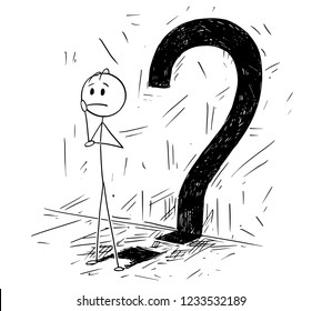 Cartoon stick drawing conceptual illustration of man or businessman thinking about problem with question mark as his shadow.