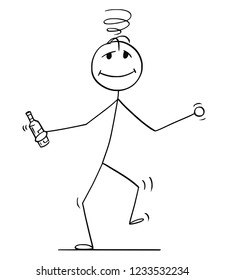 Cartoon stick drawing conceptual illustration of drunk man walking or dancing with bottle in hand.