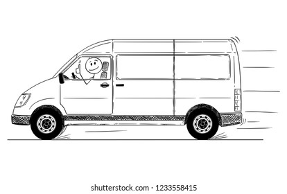 Cartoon stick drawing conceptual illustration of driver of fast driving generic delivery van showing thumbs up gesture.