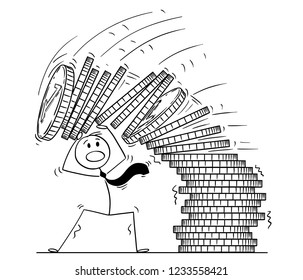 Cartoon stick drawing conceptual illustration of businessman under falling pile of coins. Business concept of financial crisis.