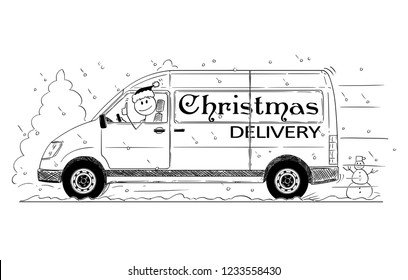 Cartoon stick drawing conceptual illustration of driver of fast driving generic delivery van with Christmas delivery text showing thumbs up gesture.
