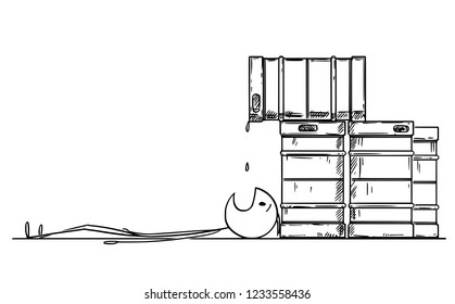Cartoon stick drawing conceptual illustration of drunk man lying on the ground under metal beer barrel or keg and catching falling drops by his mouth.