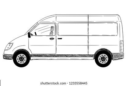 Cartoon stick drawing conceptual illustration of side view of generic delivery van.