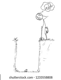 Cartoon stick drawing conceptual illustration of prehistoric man or caveman who catch small frog in pitfall instead of mammoth. Concept of hard livelihood and hunger.
