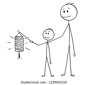 Cartoon stick drawing conceptual illustration of father and son or boy or child holding Chinese lantern.