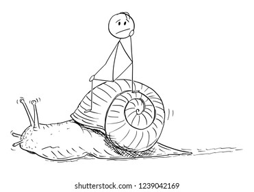 Cartoon stick drawing conceptual illustration of frustrated man or businessman sitting on the shell of snail and moving slow. Metaphor of slow progress and long waiting.