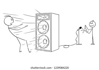 Cartoon stick drawing conceptual illustration of man blow away by loud and powerful sound from amplifier created by small boy or child playing on triangle. Metaphore