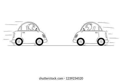 Cartoon stick drawing conceptual illustration of two cars driving against each other just moments before head-on collision crash accident.