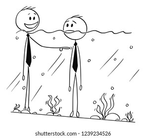 Cartoon stick drawing conceptual illustration of two businessmen standing in water, one with surface above chin, second with level under the chin. First one is object of ridicule of the second one