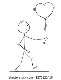 Cartoon stick drawing conceptual illustration of loving man in love holding or walking with heart shaped balloon.