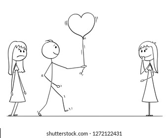 Cartoon stick drawing conceptual illustration of loving man or boy in love choosing to give heart shaped balloon to one woman or girl instead of another. Competition in love.