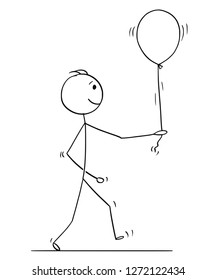 Cartoon stick drawing conceptual illustration of man holding or walking with balloon.