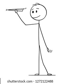 Cartoon stick drawing conceptual illustration of man or businessman holding paper airplane toy.