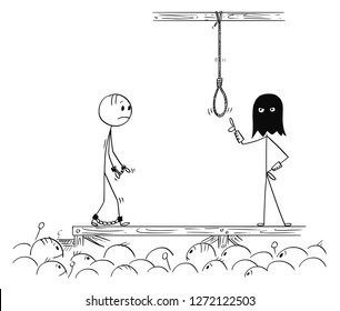 Cartoon stick drawing conceptual illustration of man walking on his own execution.