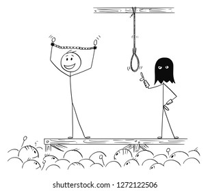 Cartoon stick drawing conceptual illustration of man enjoying the attention of crowd while waiting on his own execution.