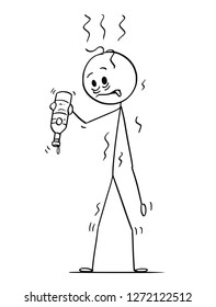 Cartoon stick drawing conceptual illustration of thirsty man whose alcohol bottle is empty and he wants to drink.