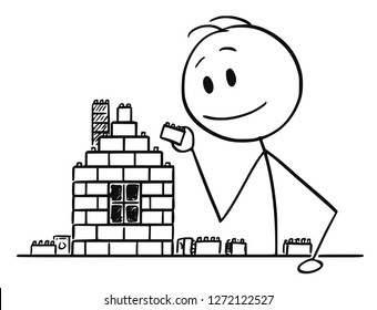 Cartoon Stick Drawing Conceptual Illustration Of Boy, Man Or Businessman Playing With Brick Or Block Construction Toy Building A Family House.