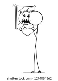 Cartoon stick drawing conceptual illustration of smiling man looking at yourself in mirror and seeing monster or devil.