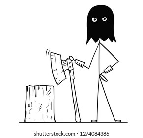 Cartoon stick drawing conceptual illustration of medieval executioner in black hood with execution block and large ax.