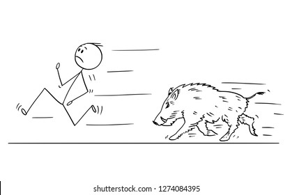 Cartoon stick drawing conceptual illustration of man running away from wild boar or swine.