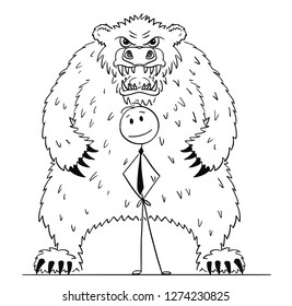 Cartoon stick drawing conceptual illustration of businessman standing with big bear behind him as symbol of falling market prices.