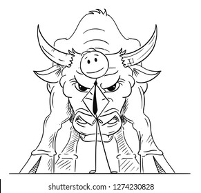 Cartoon stick drawing conceptual illustration of businessman standing with big bull behind him as symbol of rising market prices.