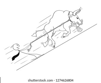 Cartoon stick drawing conceptual illustration of bull as rising market prices symbol pulling happy businessman on rope.