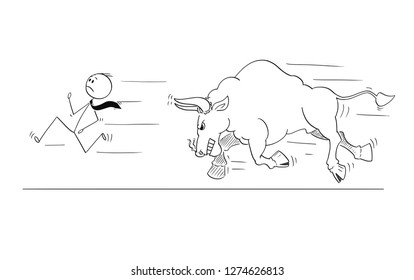 Cartoon stick drawing conceptual illustration of businessman running away from angry bull as rising market prices symbol.