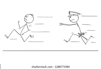 Cartoon stick drawing conceptual illustration of man or businessman running from policeman chasing or catching him.