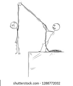 Cartoon stick drawing conceptual illustration of man or businessman holding another man on rope above the edge of abyss or chasm.