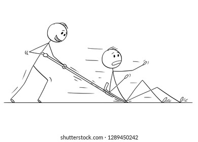 Cartoon stick drawing conceptual illustration of man or businessman with snow pusher or shovel pushing another man or competitor.