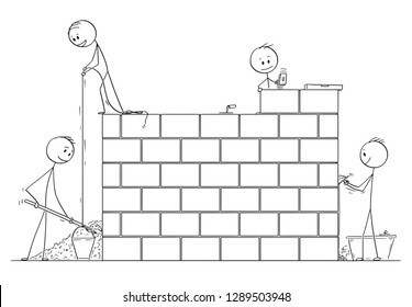 Cartoon stick drawing conceptual illustration of group of masons or bricklayers building a wall or house from bricks or stone blocks.