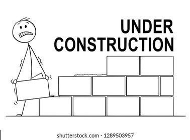 Cartoon stick drawing conceptual illustration of mason or bricklayer building a wall from bricks or stone blocks. Under construction text above. Usable for website.