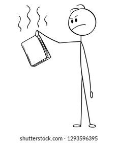 Cartoon stick drawing conceptual illustration of disgusted man holding and rejecting book with revulsion or disgust. Concept of education, censorship or ideology.