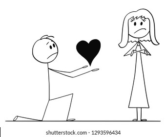 Cartoon stick drawing conceptual illustration of man kneeling and giving big heart to his beloved woman of love, but she rejects his proposal.