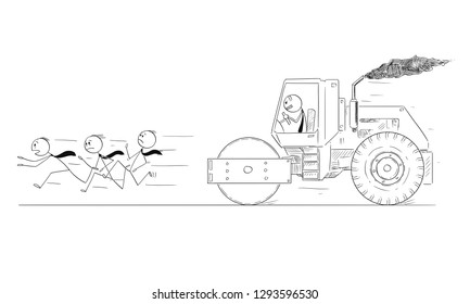 Cartoon stick drawing conceptual illustration of businessman driving road roller and chasing slowly his competitors to roll his business competition.