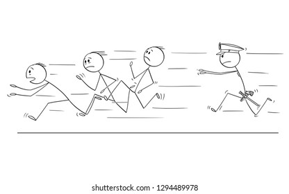 Cartoon stick drawing conceptual illustration of group of men or businessmen or gang running from policeman chasing or catching him.Concept of organized crime.