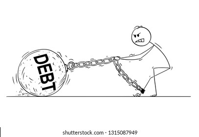 Cartoon stick drawing conceptual illustration of man or businessman pulling hard big Iron ball chained to his leg. Business concept of dept and financial problem.