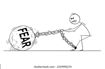 Cartoon stick drawing conceptual illustration of man pulling hard big Iron ball chained to his leg. Concept of fear limiting affected person .