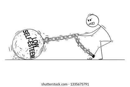 Cartoon stick drawing conceptual illustration of man or businessman pulling hard big Iron ball chained to his leg. Concept of low self-esteem limiting affected person .