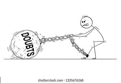 Cartoon stick drawing conceptual illustration of man pulling hard big Iron ball chained to his leg. Concept of doubts limiting affected person .