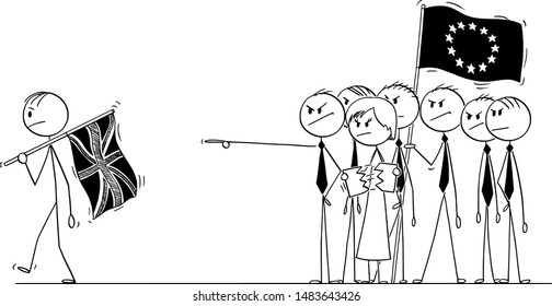 Cartoon stick drawing conceptual illustration of brexit, prime minister of Britain or United Kingdom or UK is leaving European Union or EU with flag and with no-deal.