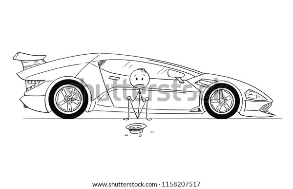Cartoon stick drawing conceptual\
illustration of man, owner of expensive super sport car, sitting\
and begging for gas money. Concept of luxury and\
poverty.