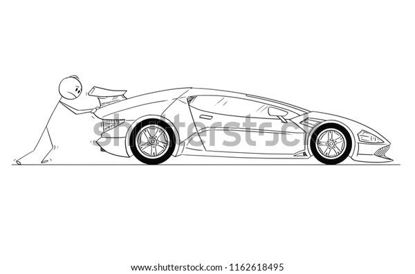 Cartoon stick drawing\
conceptual illustration of man or businessman pushing his broken or\
out of gas expensive luxury super sport car. Concept of wealth and\
certainties.