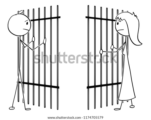 Cartoon stick drawing\
conceptual illustration of couple of man and woman divide by prison\
iron bars. Concept of obstacles in love and relationship\
difficulties.